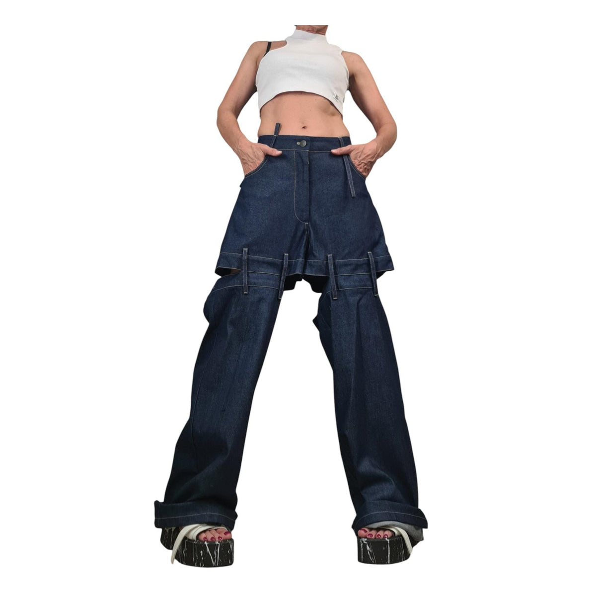 Avant Garde Deconstructed Denim Pants, Women's Drop Crotch Jeans