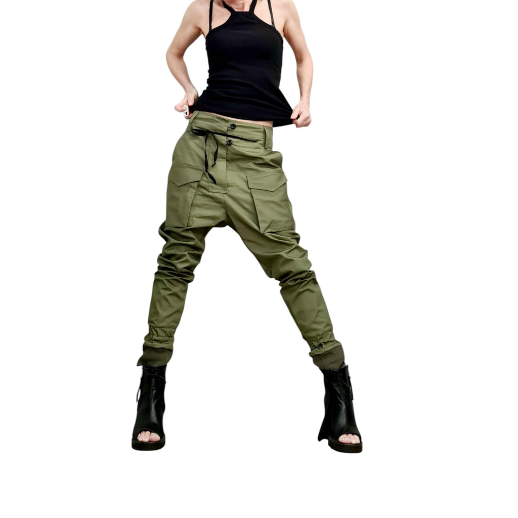 Military Green Cargo Pants, Drop Crotch Cotton Trousers, Slim Leg
