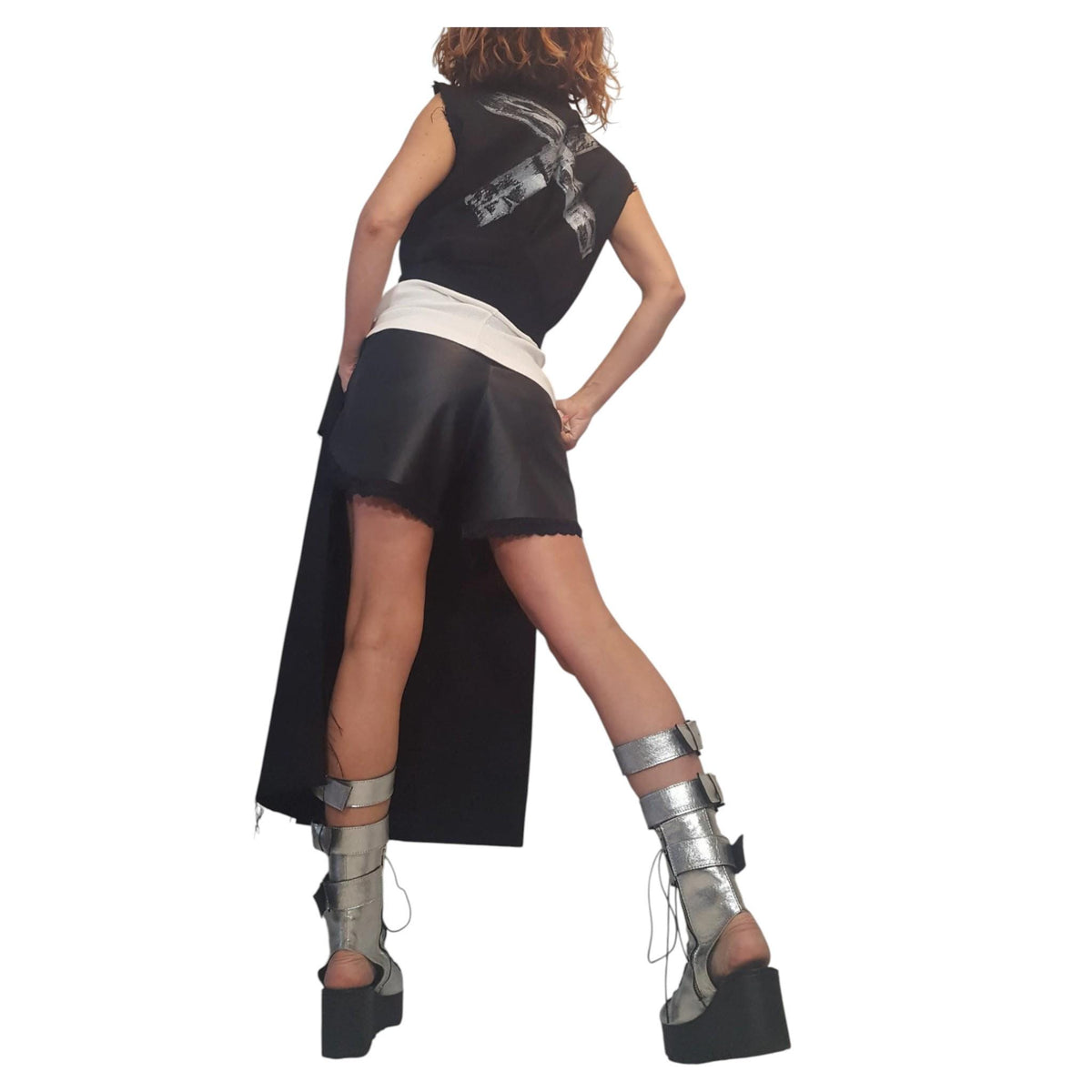 Black Denim Gothic Vest, Sleeveless Asymmetric Long Short Vest, Designer Silver Paint
