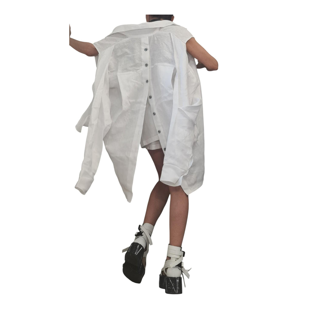 Lavender Linen Oversized Set, Asymmetric Deconstructed Outfit, Open Back Shirt, Layered Shorts Skirt