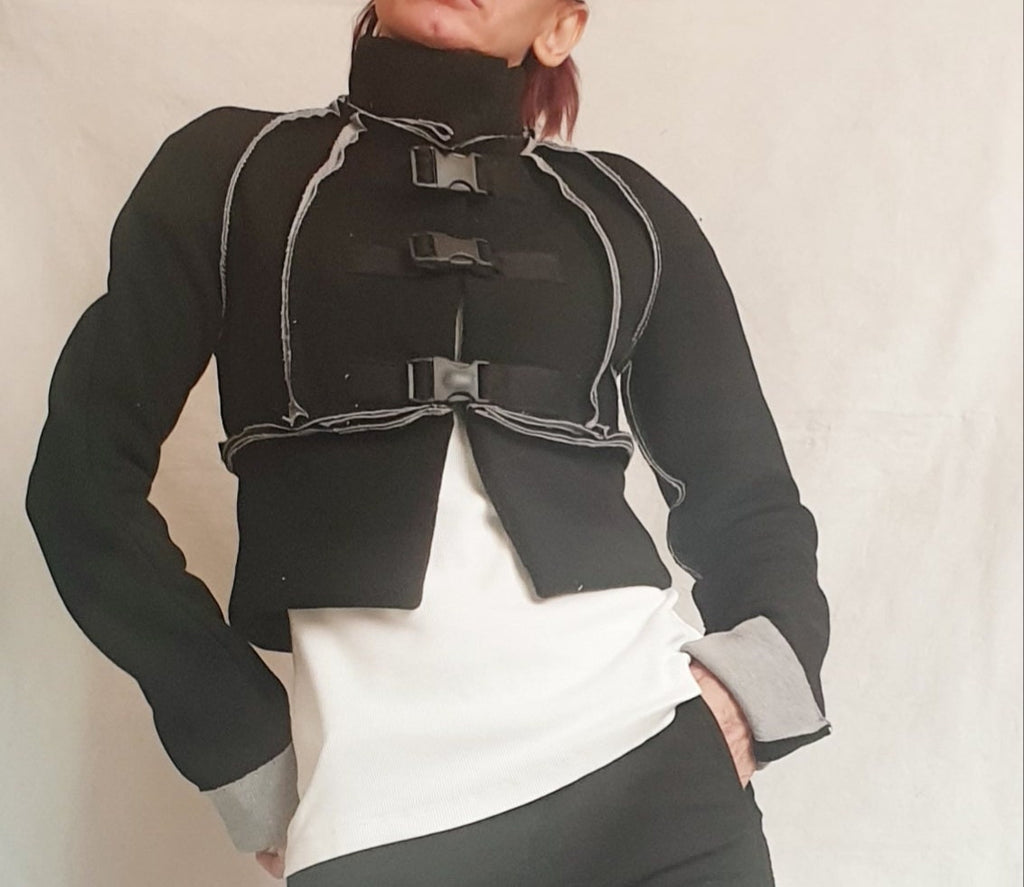 Black Cropped Wool Jacket, High Collar, Buckle Closures, Plus Size Coat, Contrast Seams