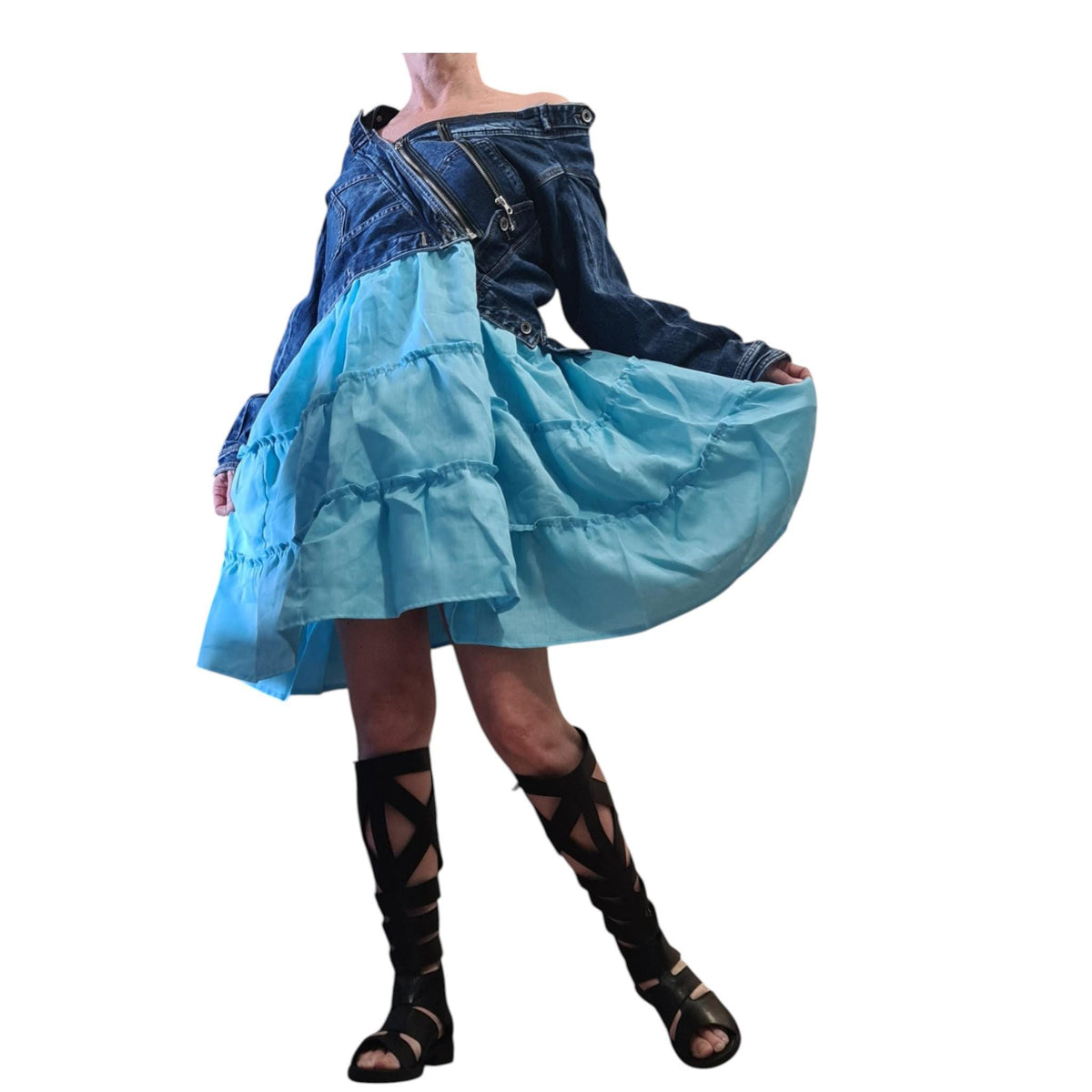 Denim Linen Dress, Blue Tiered Skirt, Off Shoulder Top, Asymmetrical Short Dress, Summer Outfit