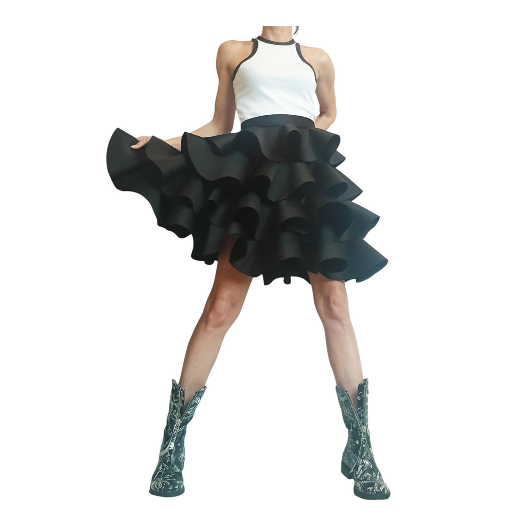 Black Asymmetric Ruffle Skirt, Extravagant Gothic Ball Waist Skirt