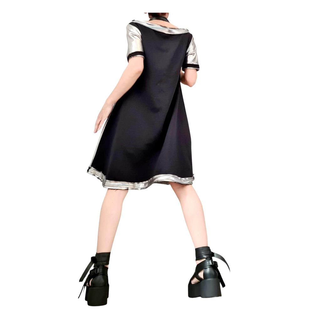 Black Silver Dress, Loose Cotton Tunic, Oversize A Line Short Sleeve Tunic