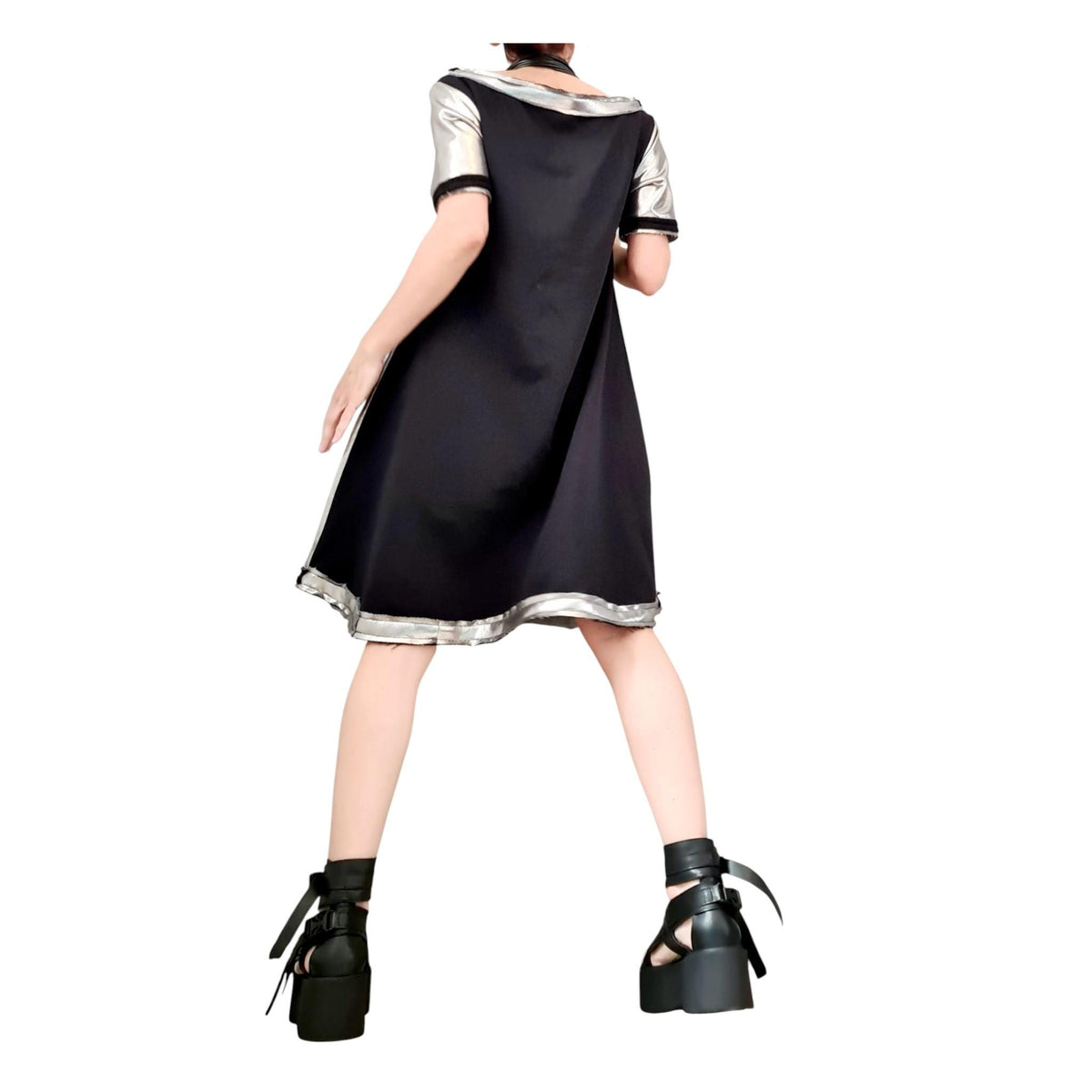 Black Silver Dress, Loose Cotton Tunic, Oversize A Line Short Sleeve Tunic