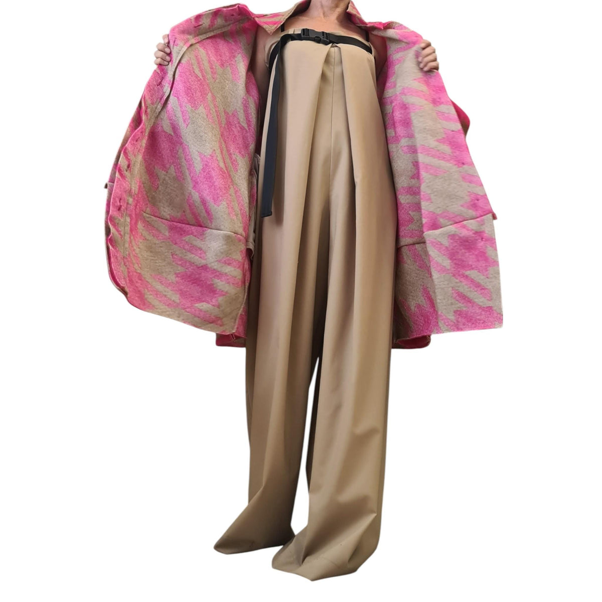 Pink Beige Oversized Wool Blend Coat, Abstract Print High Collar Jacket, Wide Sleeve Outerwear