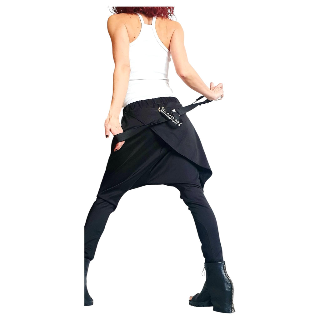Black Drop Crotch Pants, Apron Panel Trousers, Tapered Leg