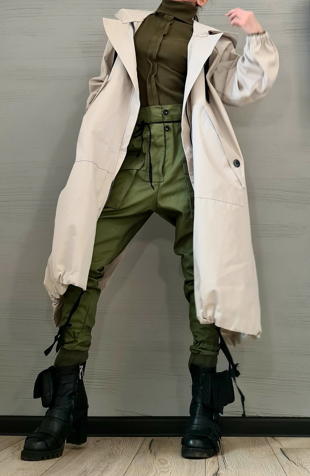 Light Beige Asymmetrical Hooded Trench Coat, Ripstop Jacket with Overlapping Open Back