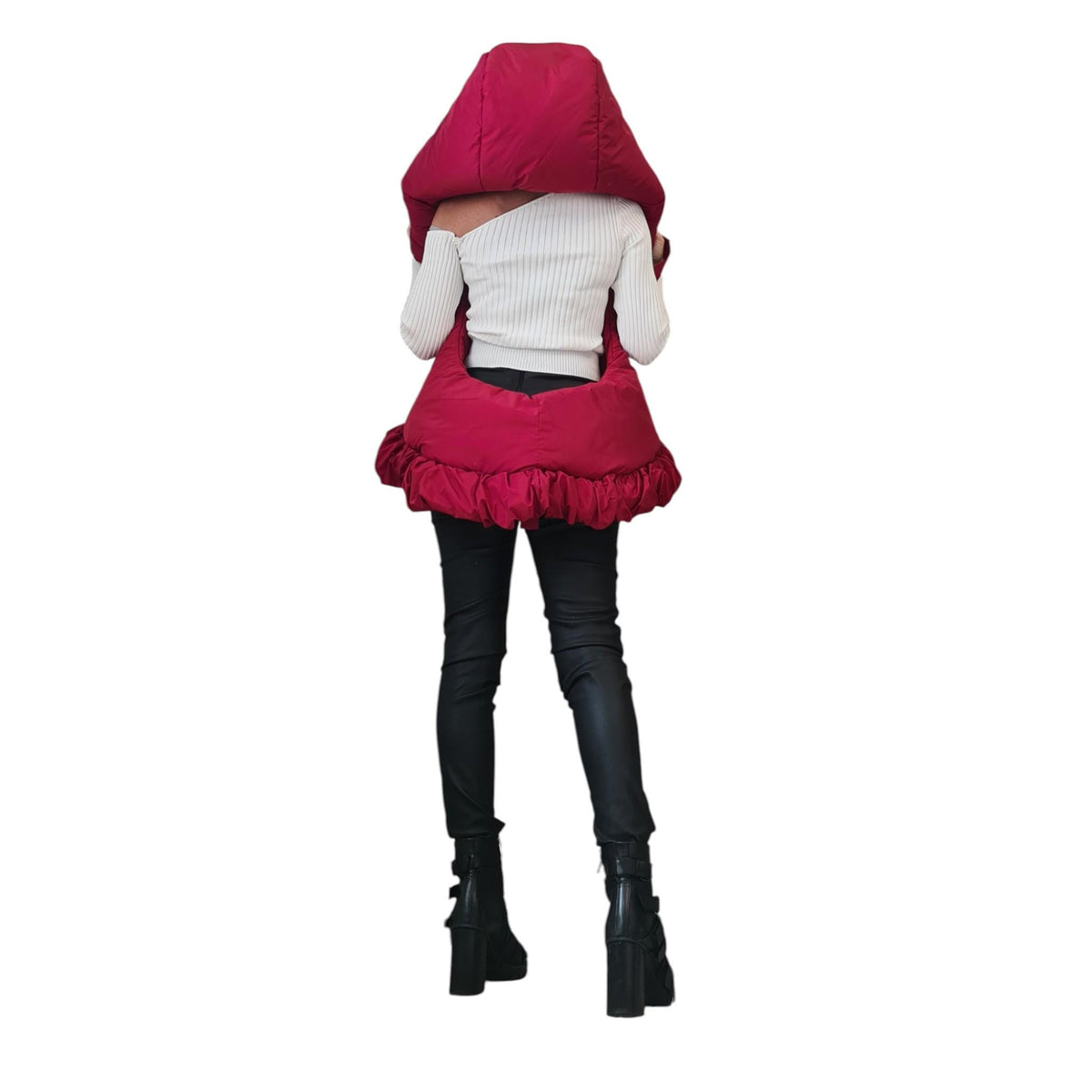 Fuchsia Oversized Puffer Vest, Sleeveless Jacket with Extra Large Hood, Asymmetrical Ruffled Hem