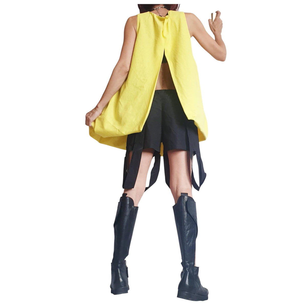 Yellow Linen Tunic, Sleeveless Asymmetric Top, Open Back Loose Fit, Oversized