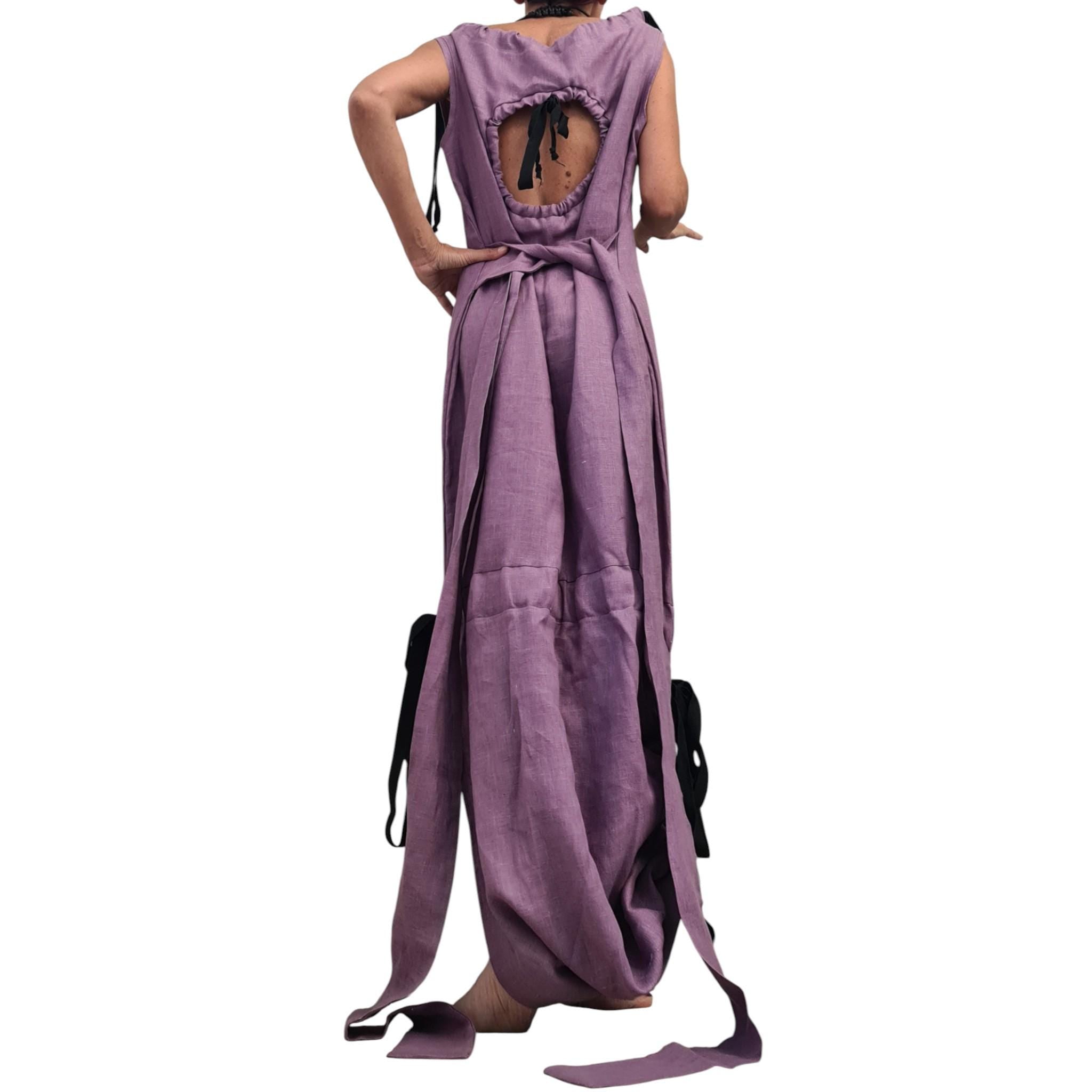 Lavender Linen Maxi Dress, Open Back, Asymmetric One Shoulder Design, Sleeveless Long Dress