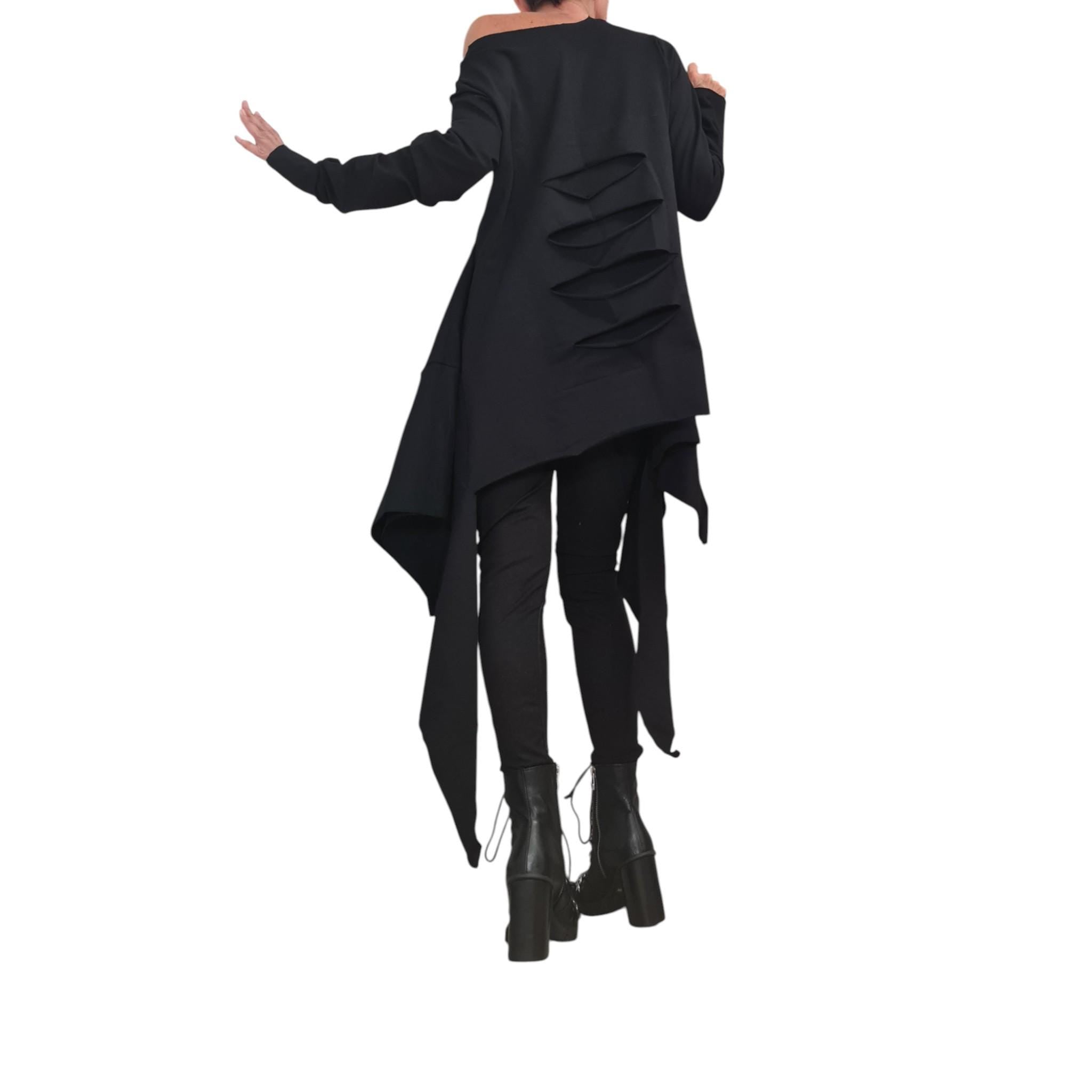 Black Asymmetrical Cotton Tunic, Handmade Long Sleeve Tunic Top, Artistic Avant-Garde Women's Fashion, Unique Modern Design