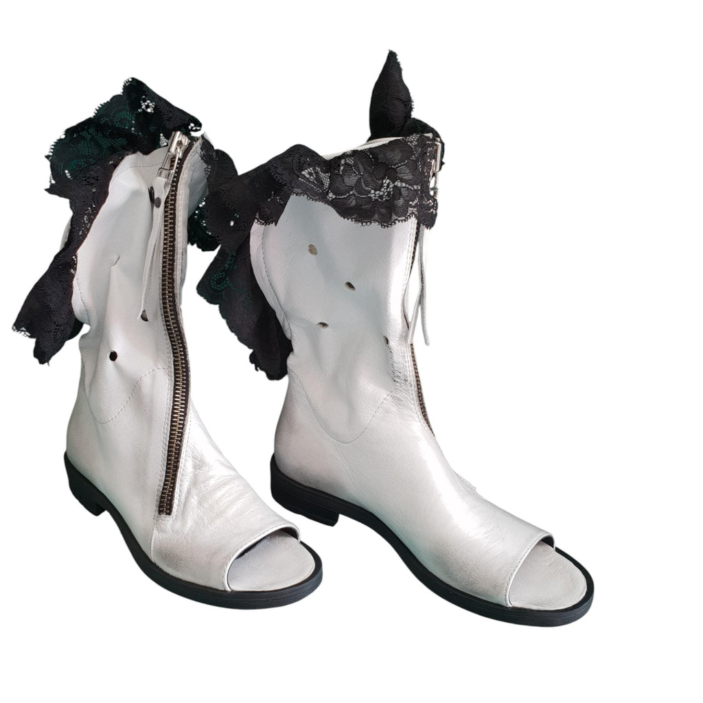 White Open Toes Summer Boots, Lace Ankle Leather Shoes, Extravagant Wedding Booties