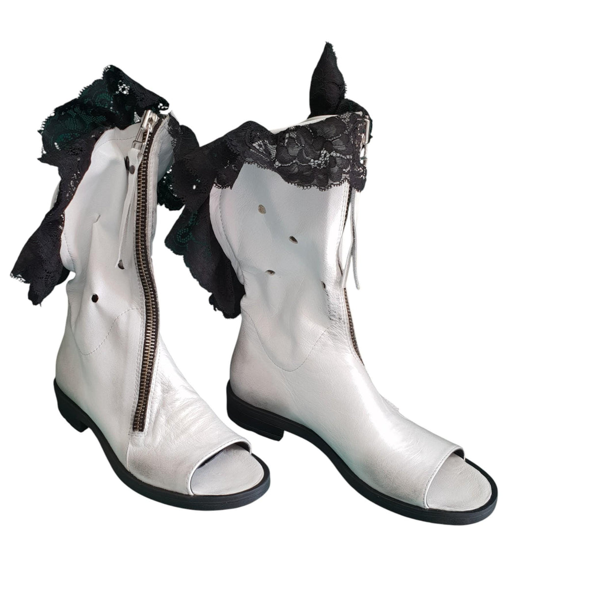 White Open Toes Summer Boots, Lace Ankle Leather Shoes, Extravagant Wedding Booties