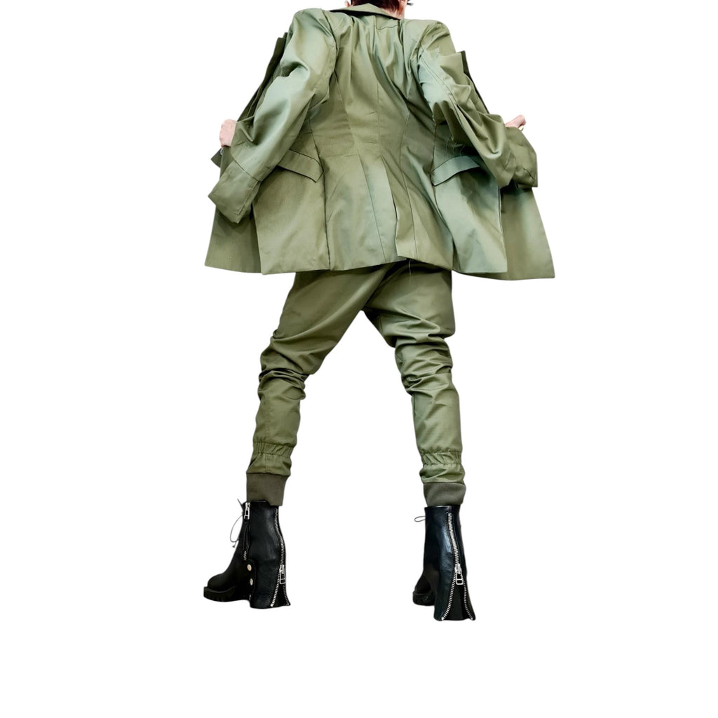 Olive Green Tailored Cargo Pants, Structured Double-Lapel Longline Blazer, Flared Cuffs, Military Co-Ord Set