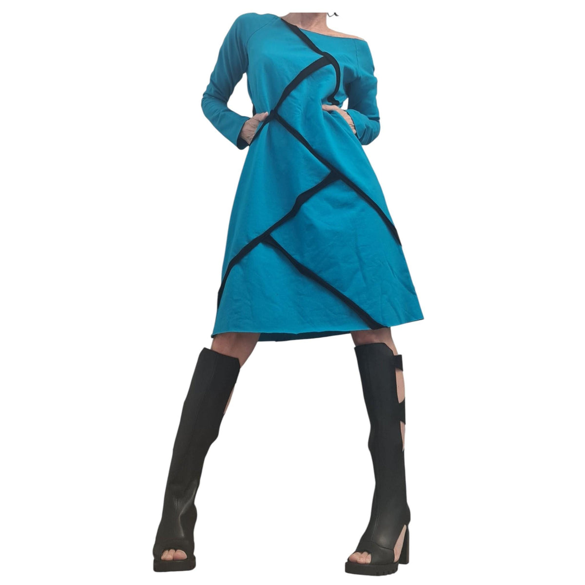 Turquoise Blue Asymmetric One Shoulder Dress, Plus Size Tunic, Long Sleeve Blouson