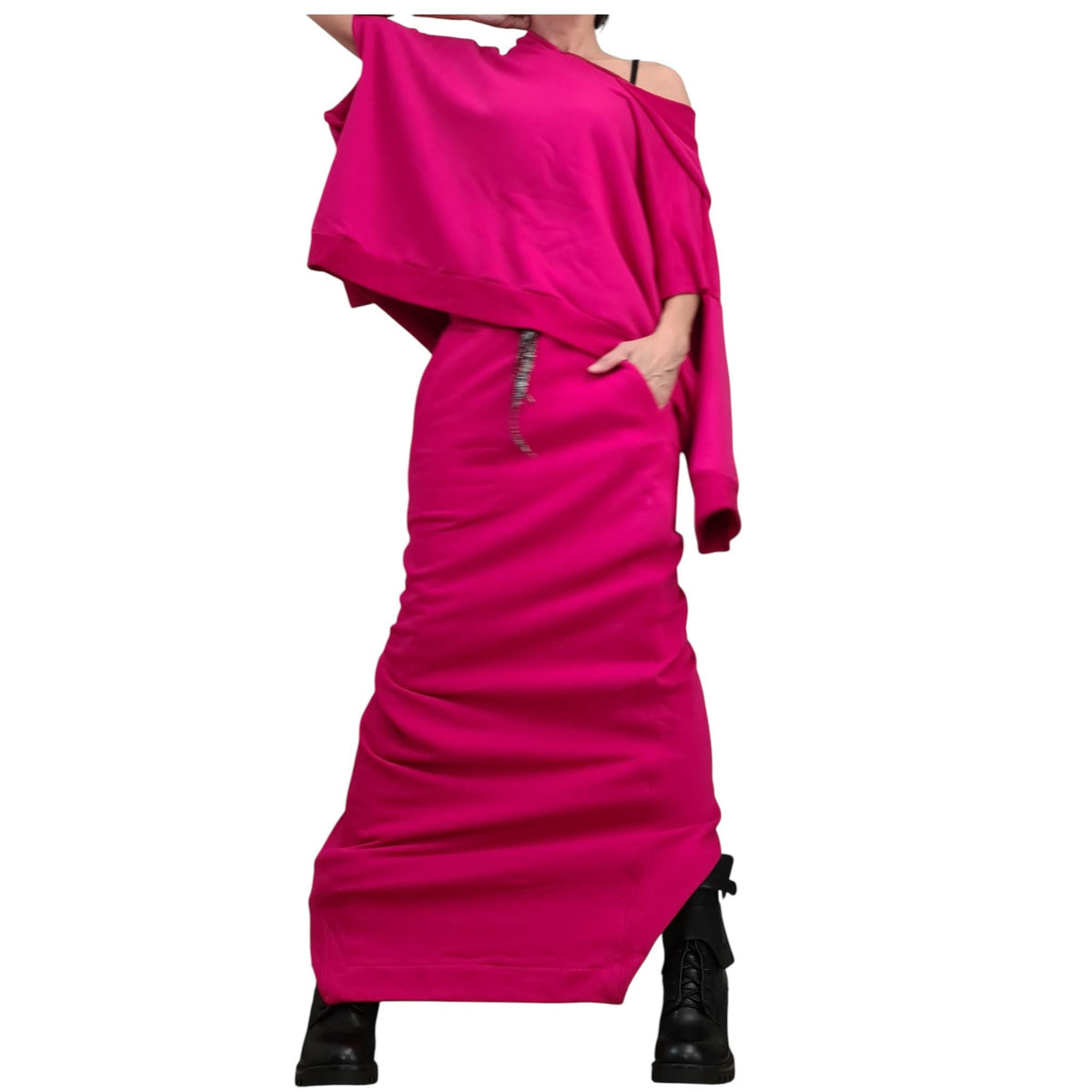 Fuchsia Cotton Asymmetrical Wrap Maxi Skirt, Cropped Hooded Blouse, Two-Piece Co-Ord Set