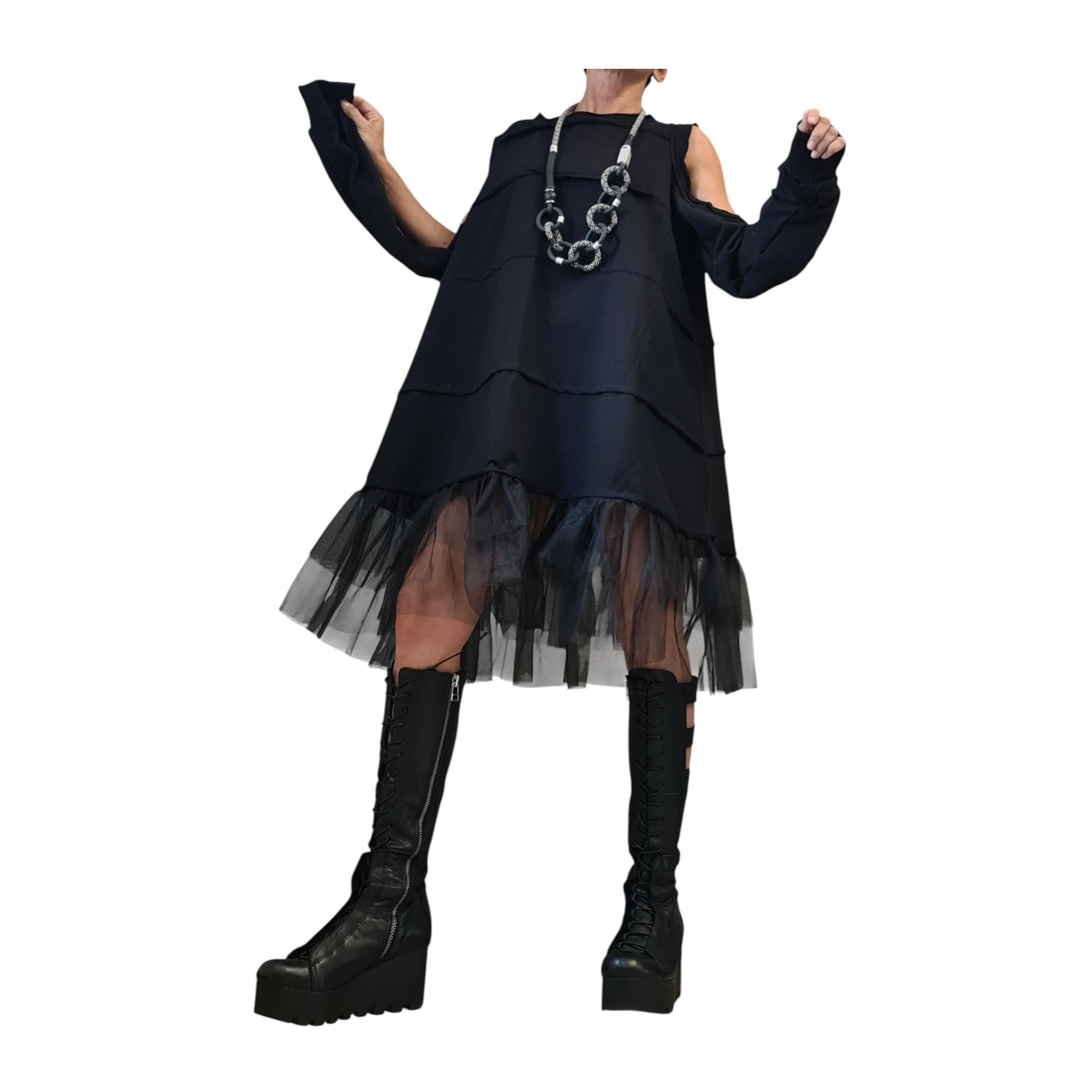 Gothic Tulle Dress, Black Deconstructed Oversize Tunic, With and without sleeve