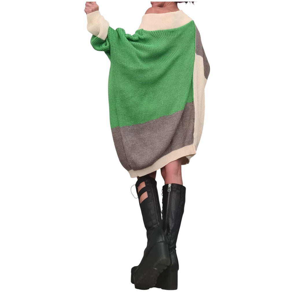 Green Color Block Asymmetric Knit Tunic, Oversized Off Shoulder Sweater, Plus Size Dress