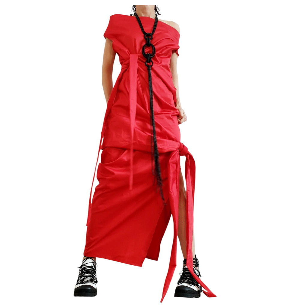 Red Asymmetric Long Dress, Plus Size Clothing, Sleeveless One Shoulder Cocktail Dress
