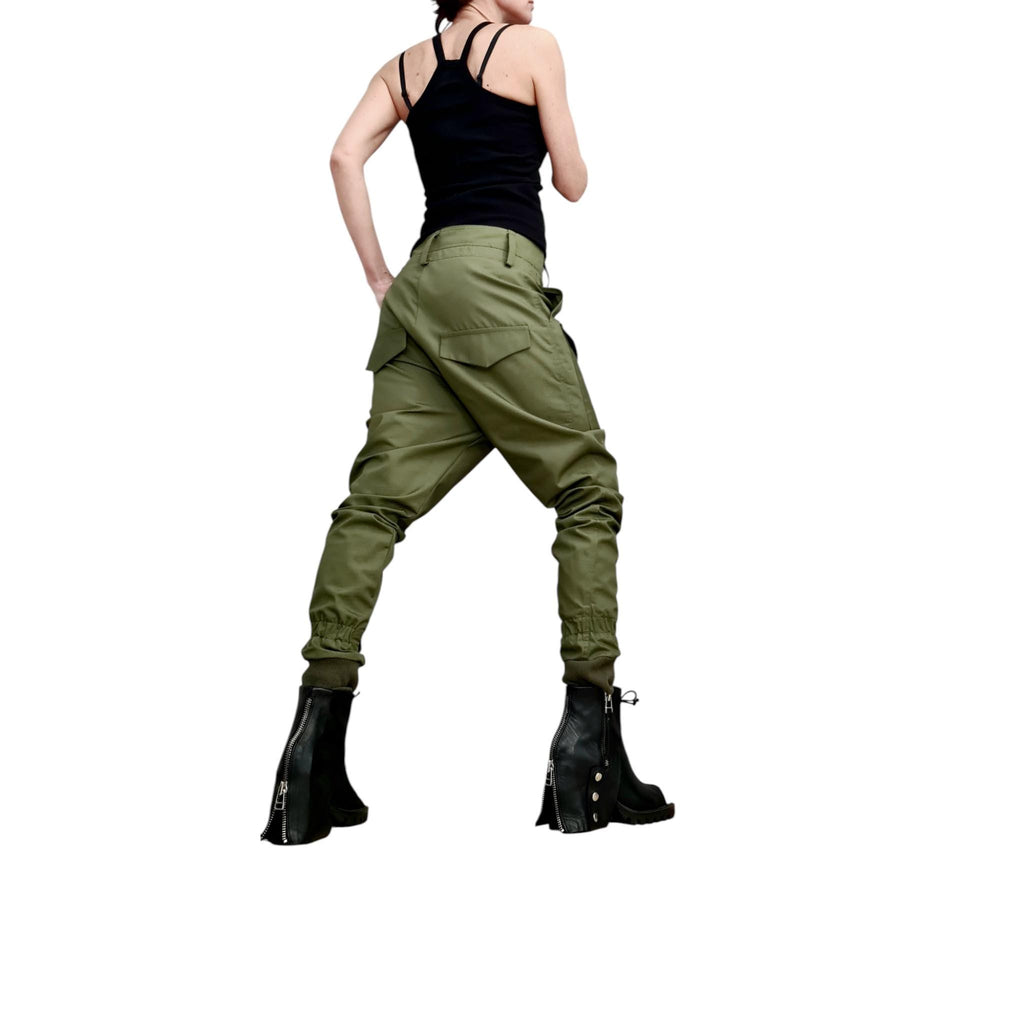 Military Green Cargo Pants, Drop Crotch Cotton Trousers, Slim Leg