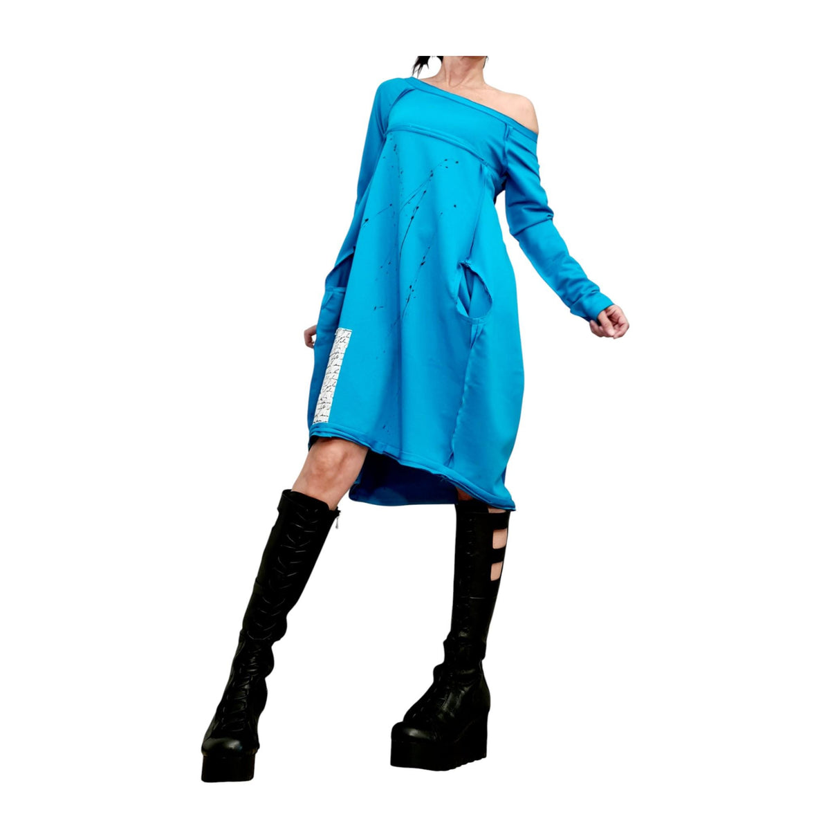 Turquoise Blue French Terry Dress, One Shoulder Oversized Tunic, Asymmetric Shape