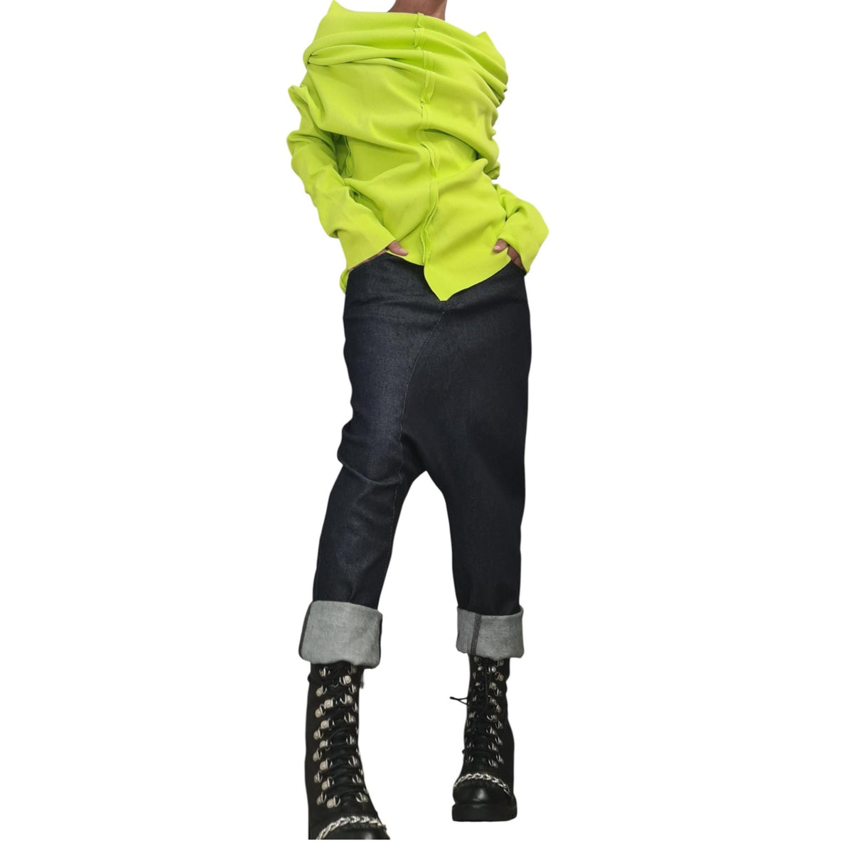 Lime Asymmetric Women Cotton Top, Deconstructed Fitted Blouse, Bare Shoulder Style, Avant Garde Blouse