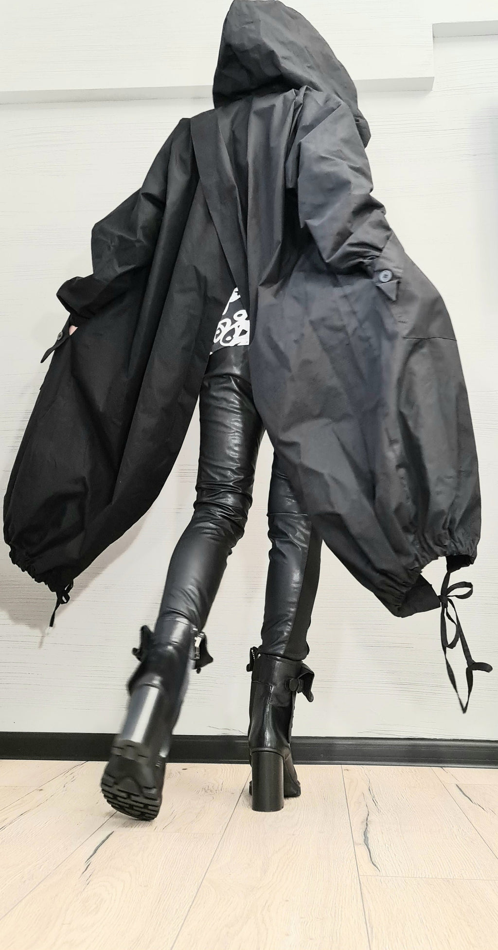 Black Asymmetrical Hooded Trench Coat, Oversized Jacket, Overlapping Open Back,  Drawstring Hem