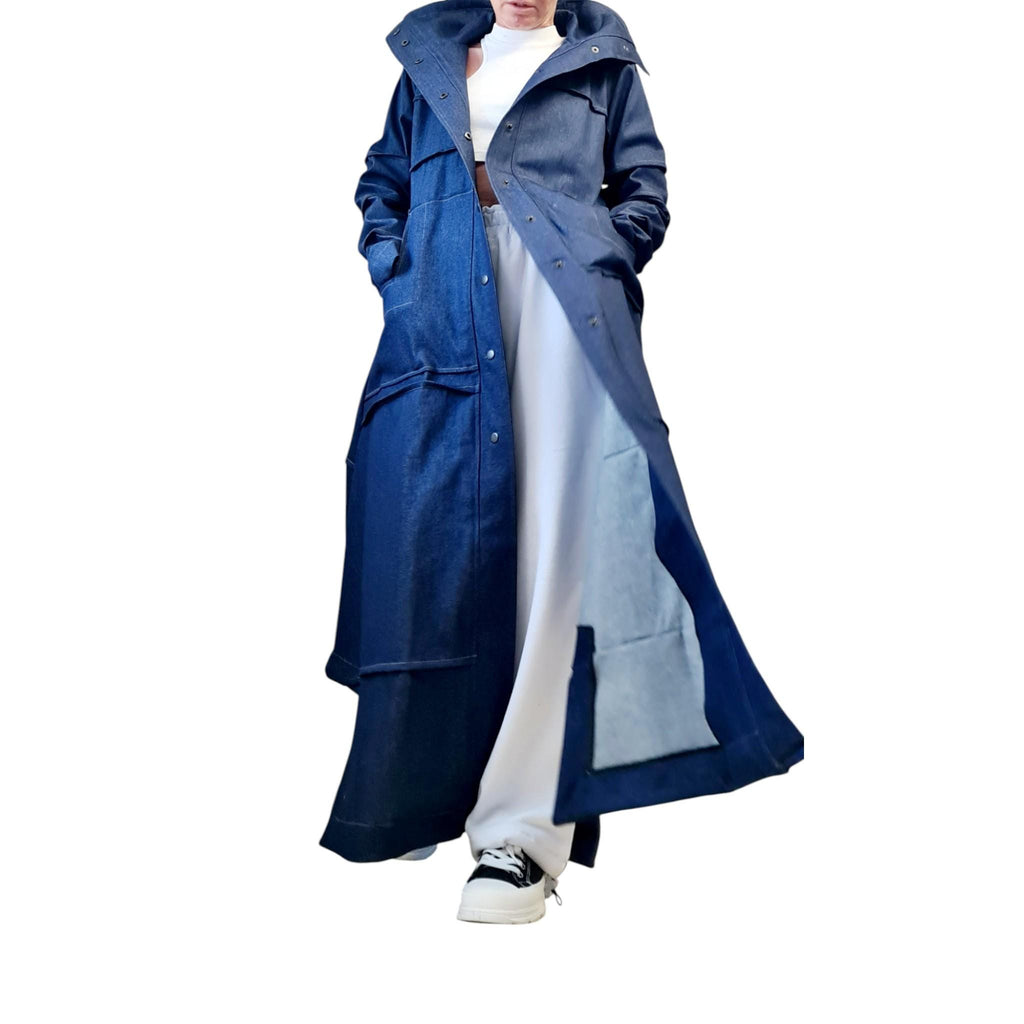 Black Denim Asymmetric Long Trench Coat Oversized Avant Garde Statement Jacket Outfit for Women