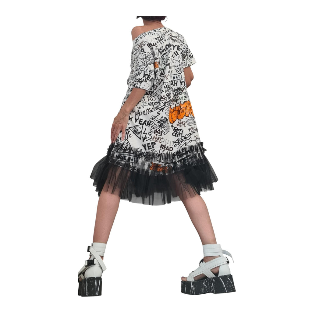 Cotton Tunic, Dress with Tulle Skirt, Graffiti Print
