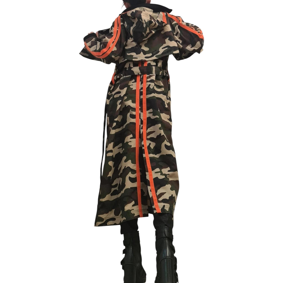 Camouflage Two-Piece Set, Cropped Hooded Jacket, Belted Maxi Vest, Orange Stripes