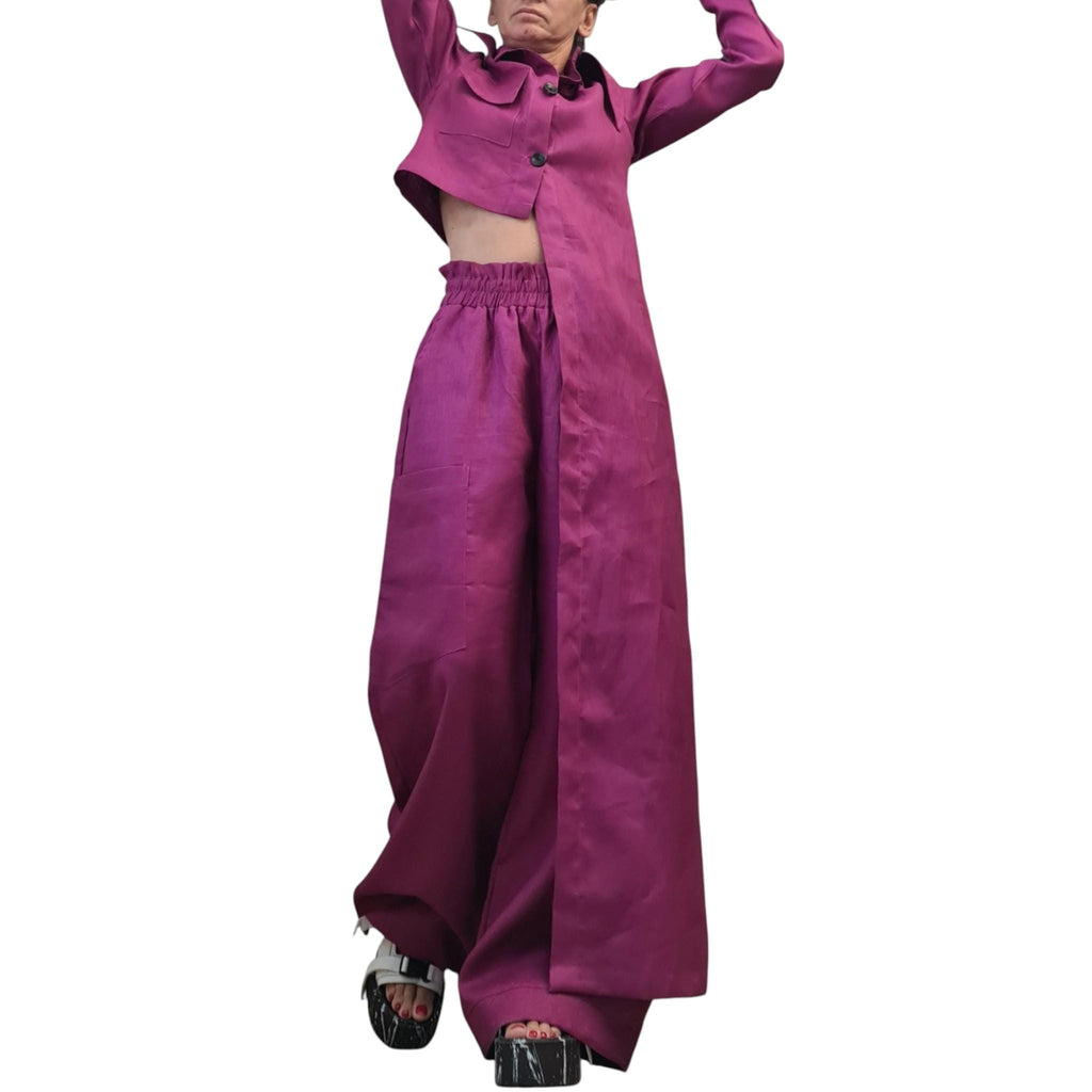 Magenta Linen Set, Asymmetrical Shirt, Trousers Wide Legs, Two Piece Boho Summer Clothing