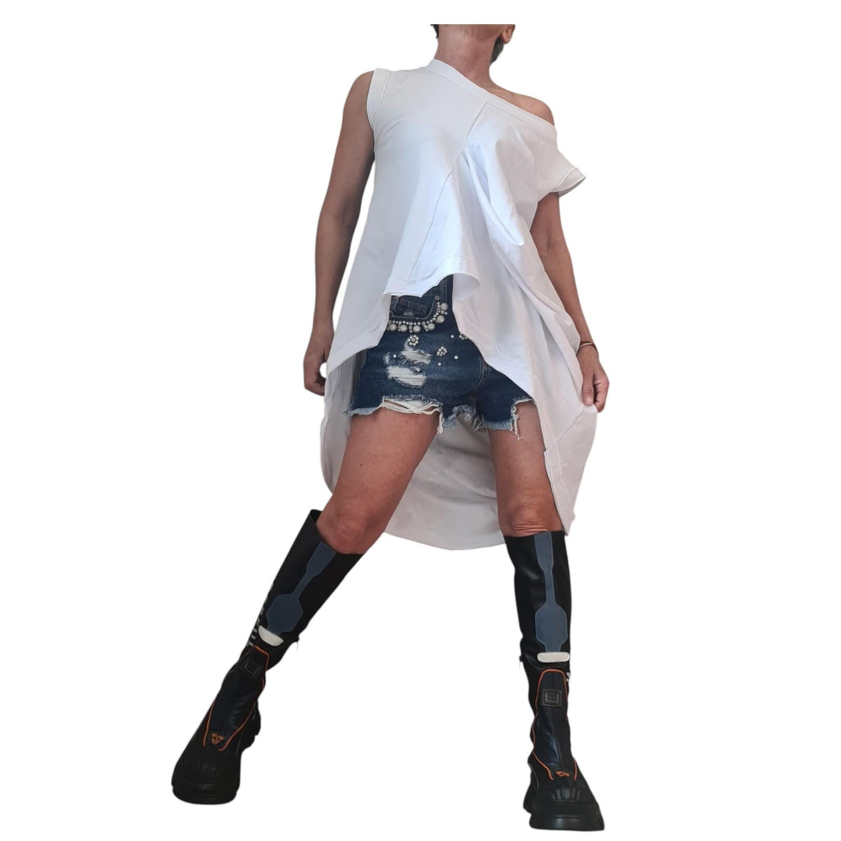 White asymmetric tunic, sleeveless cotton top, oversized loose fit women clothing