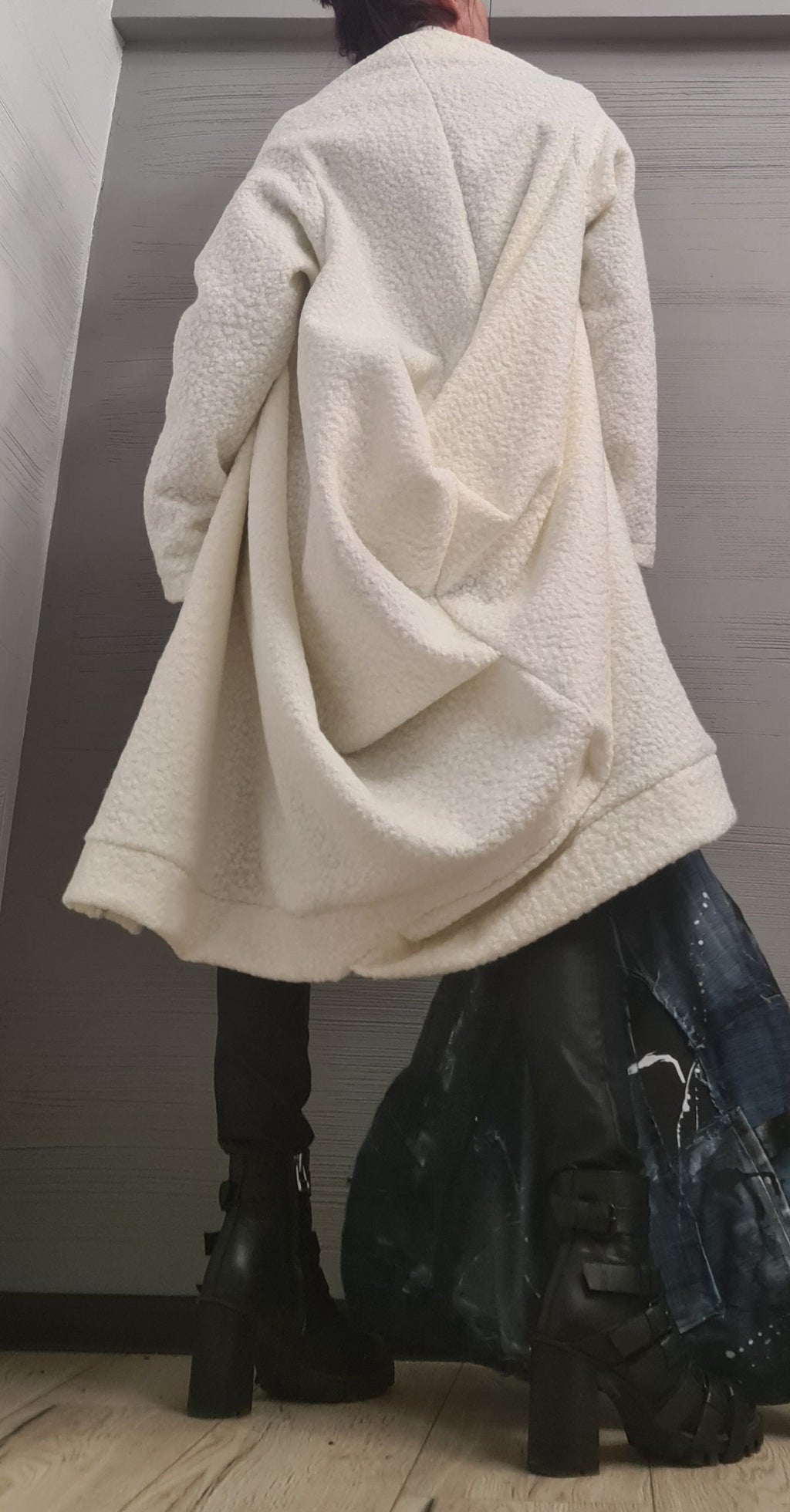 White Bouclé Wool Coat, Long Asymmetric Oversized Jacket, Plus Size Cocoon Cardigan