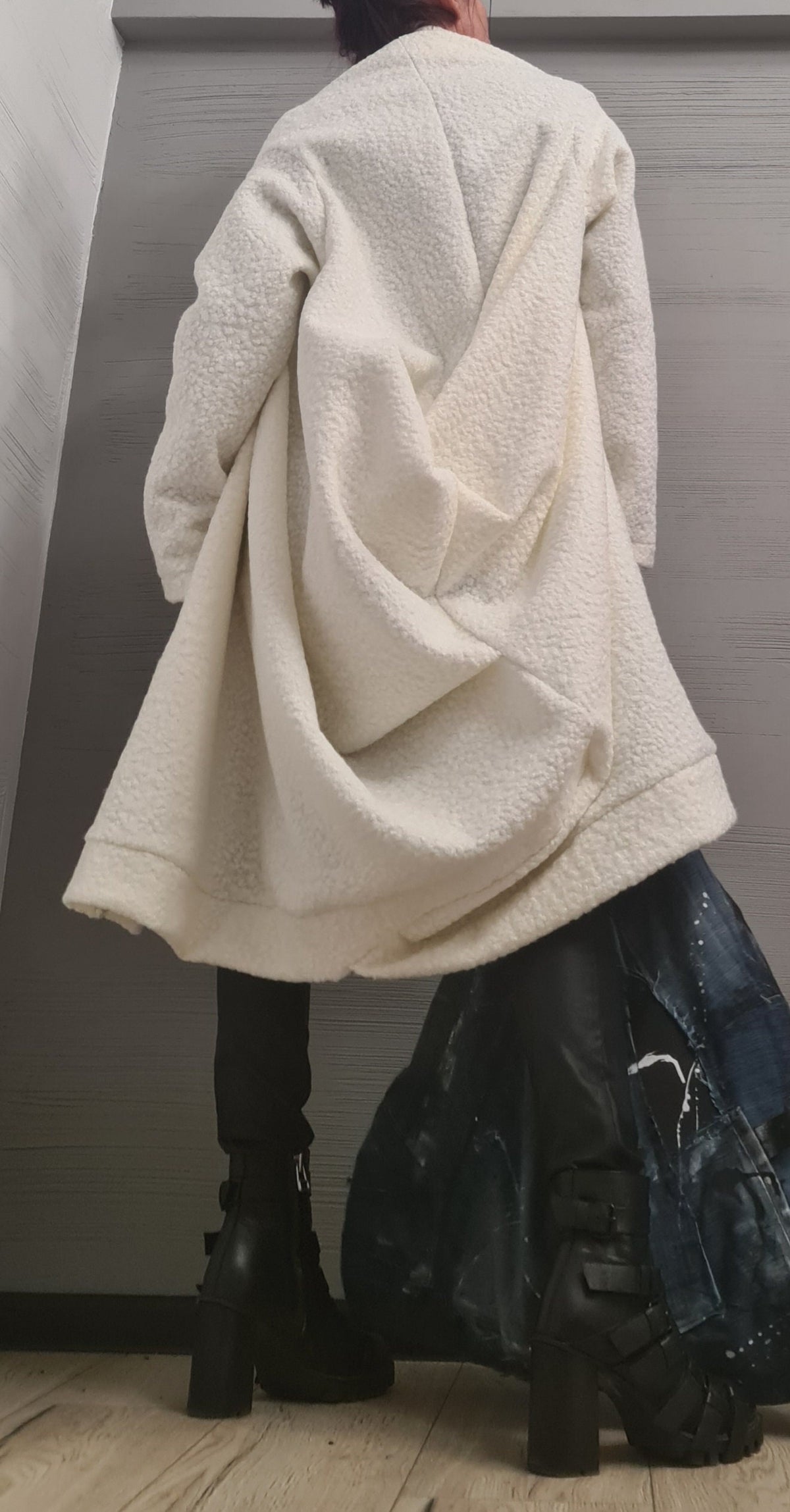 White Bouclé Wool Coat, Long Asymmetric Oversized Jacket, Plus Size Cocoon Cardigan