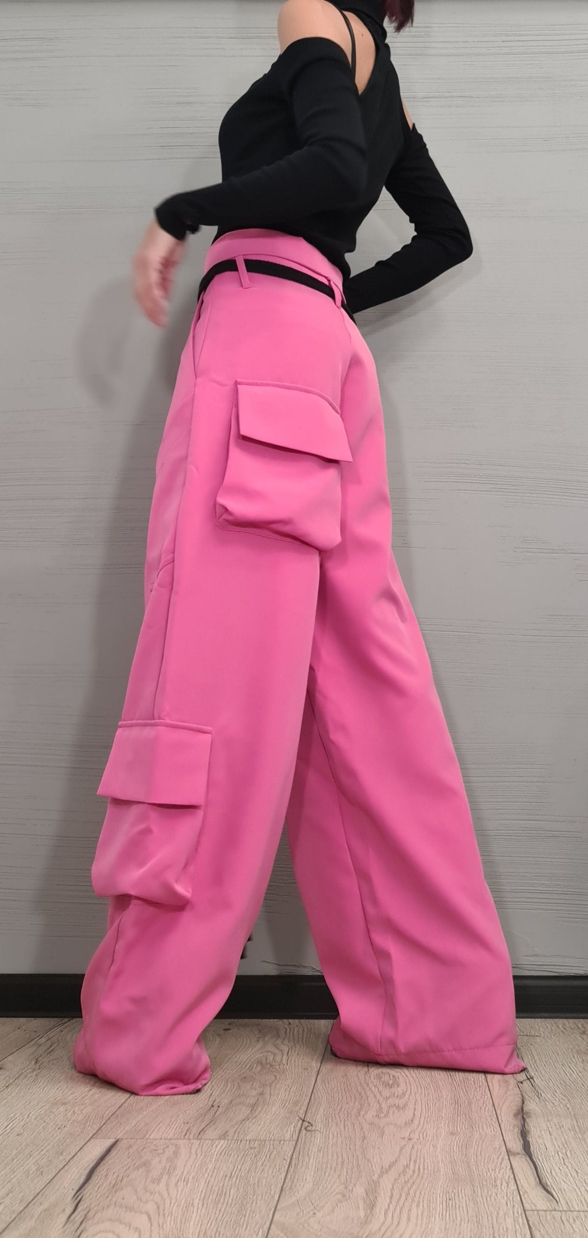 Pink Wide Leg Cargo Pants, Oversized Baggy Trousers
