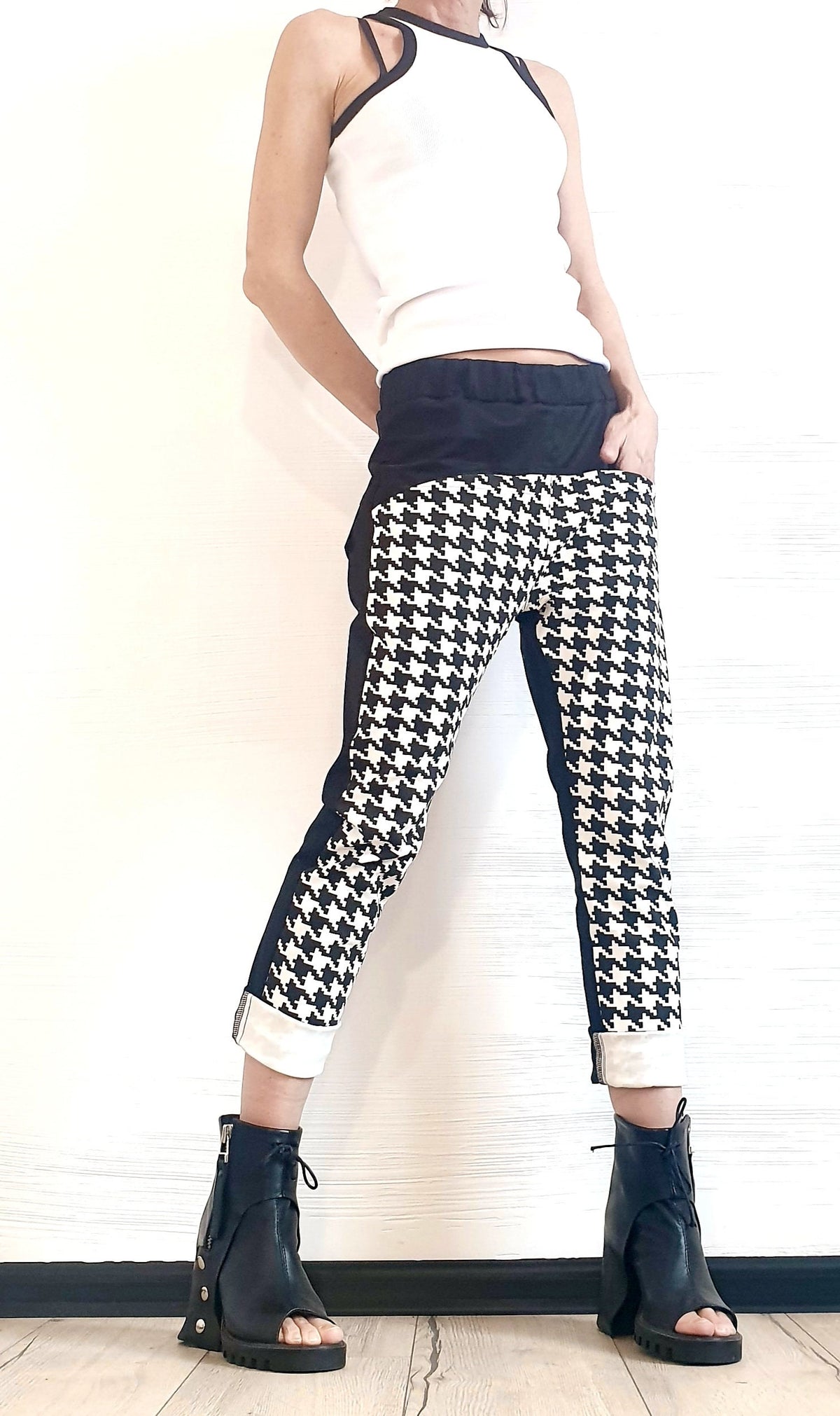 Houndstooth Panel Pants, Color Block, Slim Tapered Leg, Cotton Trousers