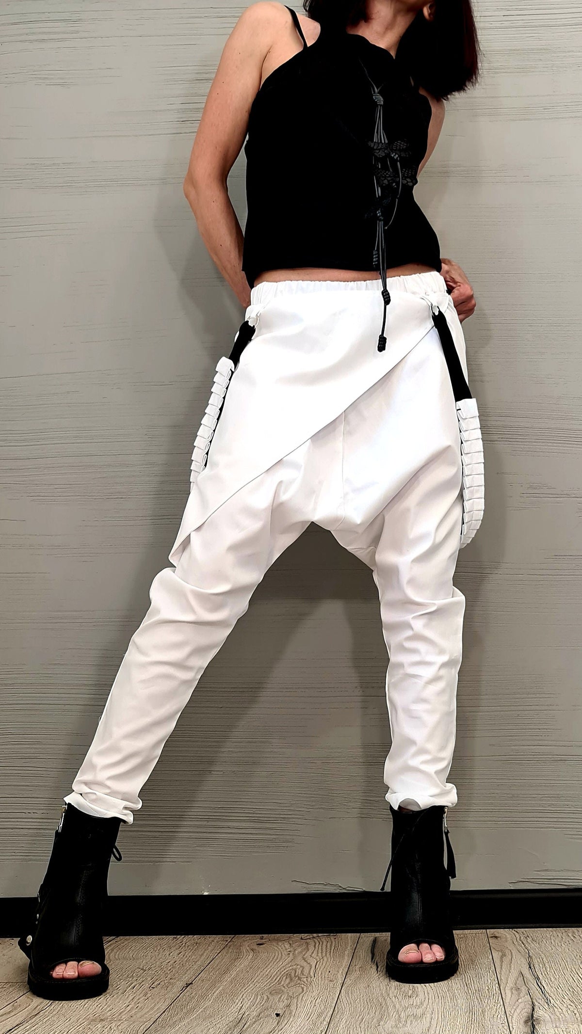 White Harem Pants, Wrap Front Design, Slim Leg, Decorative Suspenders, Wedding Outfit