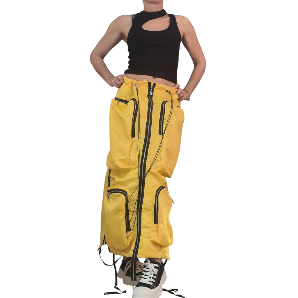 Yellow Cotton Satin Maxi Skirt With Cargo Pockets, Long Avant Garde Oversized Skirt