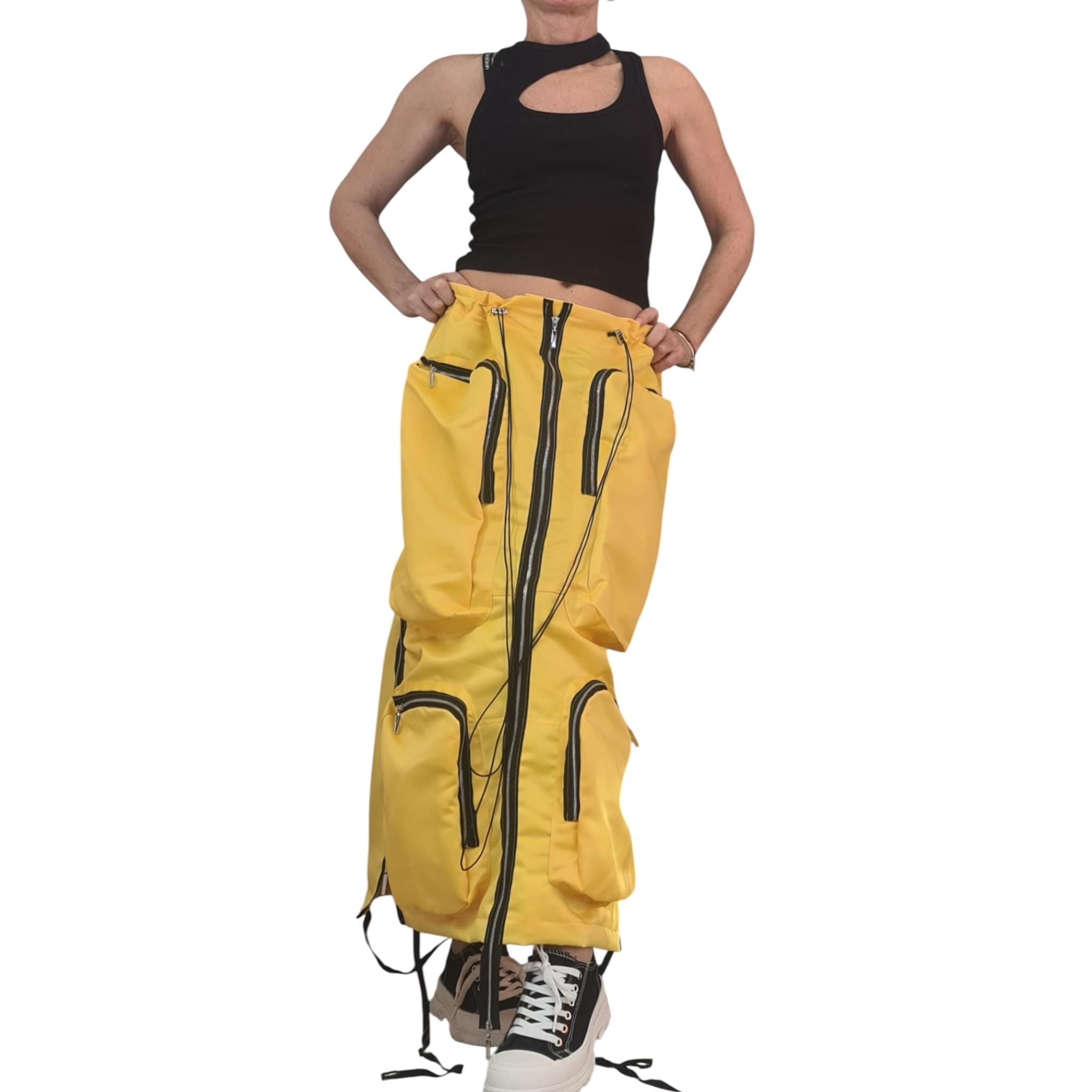 Yellow Cotton Satin Maxi Skirt With Cargo Pockets, Long Avant Garde Oversized Skirt