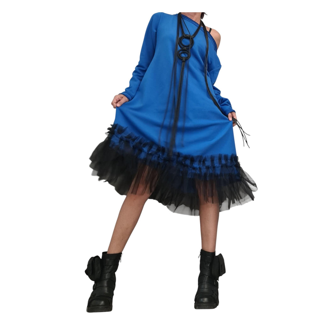 Royal Blue Off Shoulder Dress - Black Tulle Hem, Loose Fit