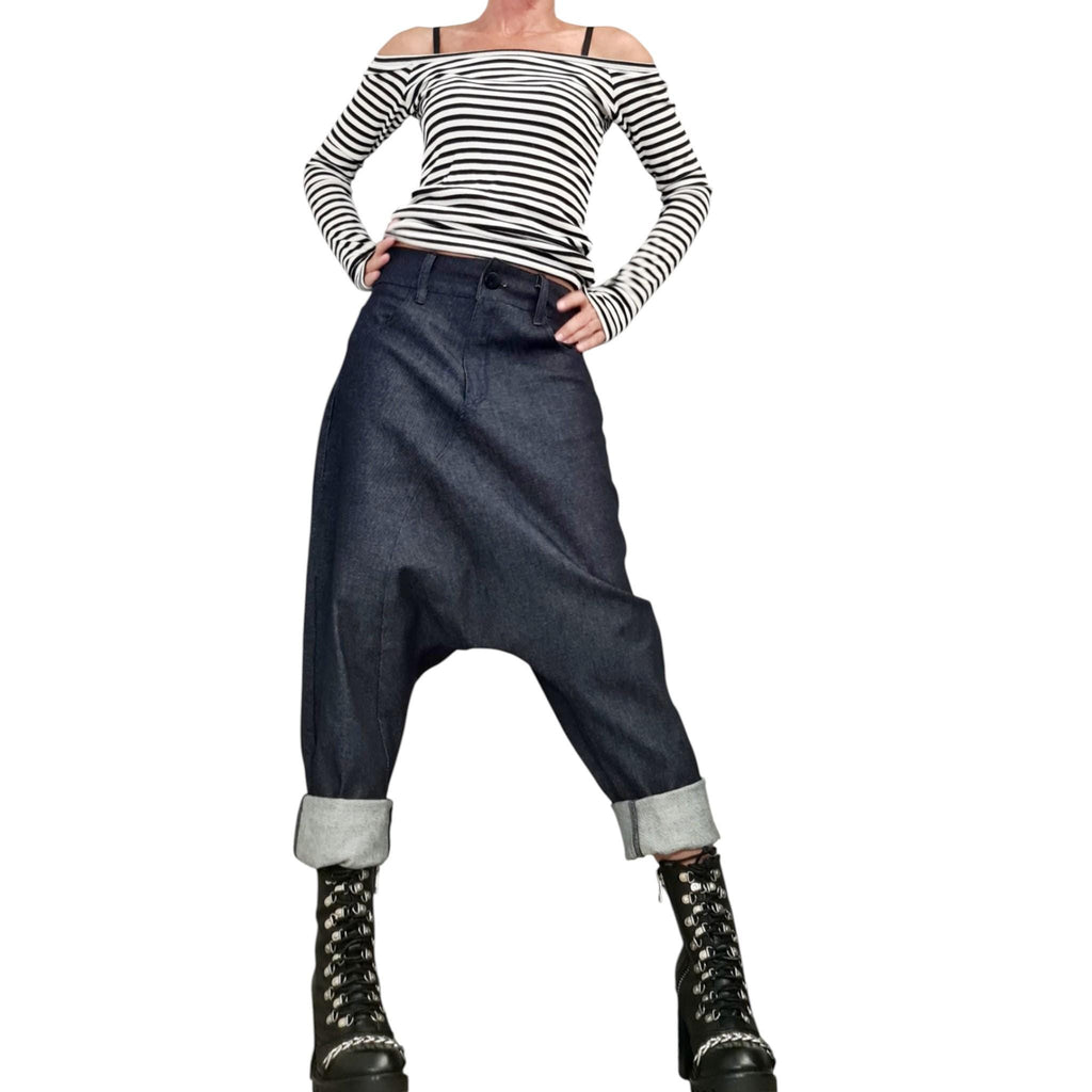 Beige Denim Harem Pants, Loose Drop Crotch Pants, Oversized Baggy Jeans, Plus Size Trousers