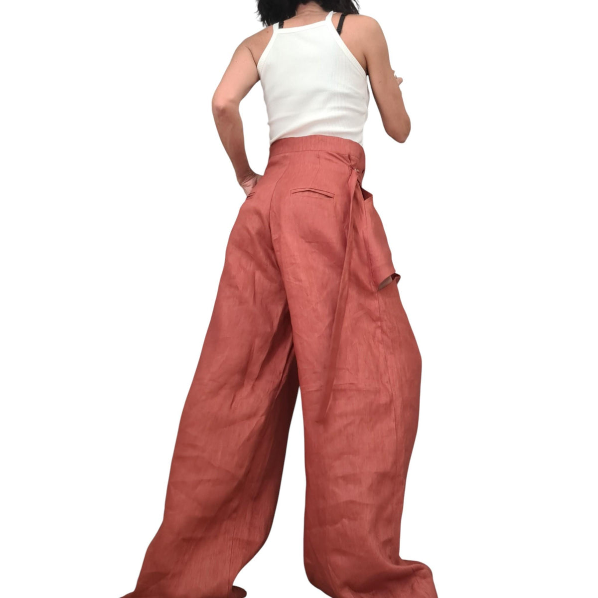 Turquoise Linen Harem Pants, Adjustable Waist, Wide Leg Trousers