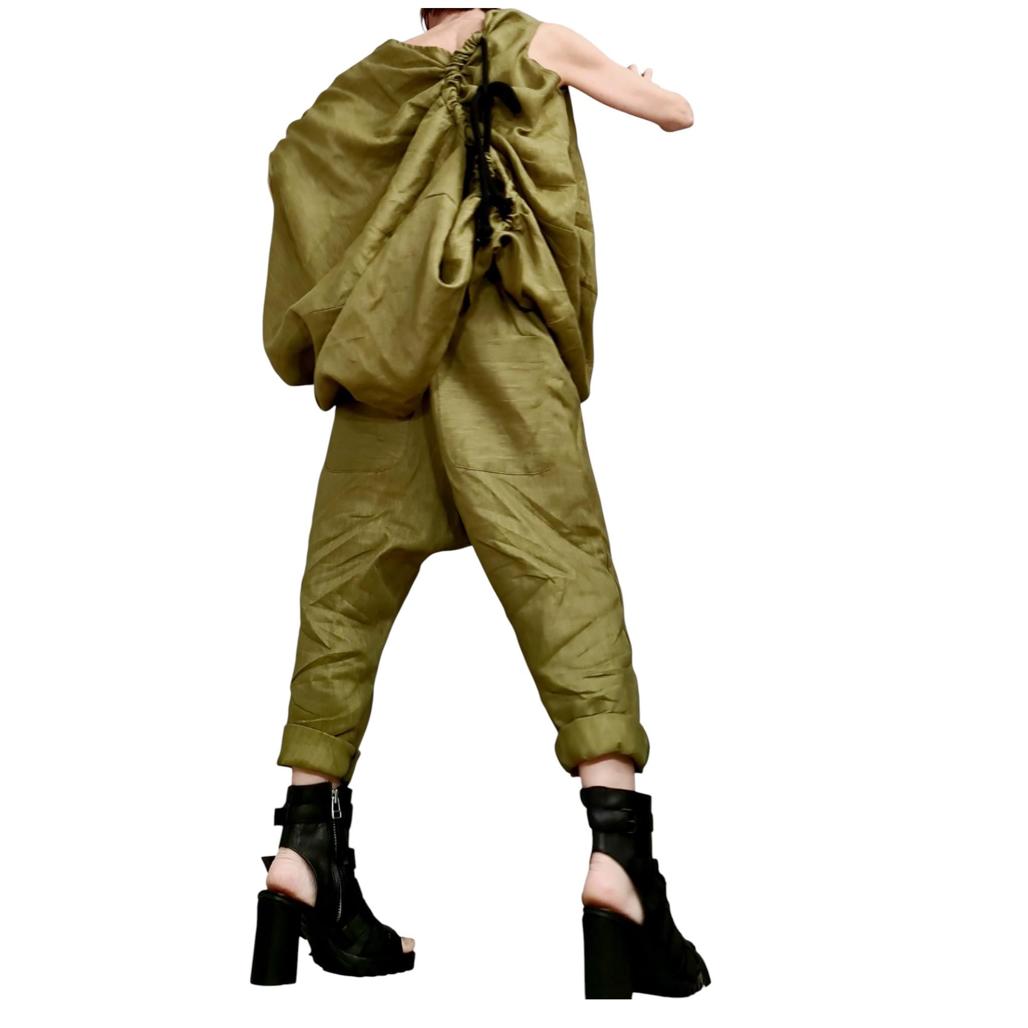 Military Green Linen Set – Avant Garde Drop Crotch Pants and Tunic