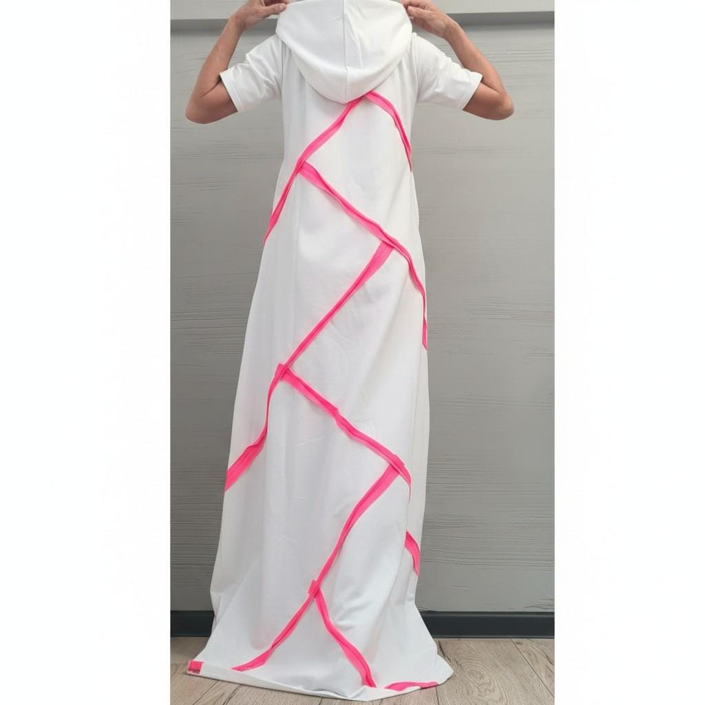 White Hooded Cotton Maxi Dress, Asymmetrical Neon Stripes, Loose Fit, Short sleeve, Plus Size