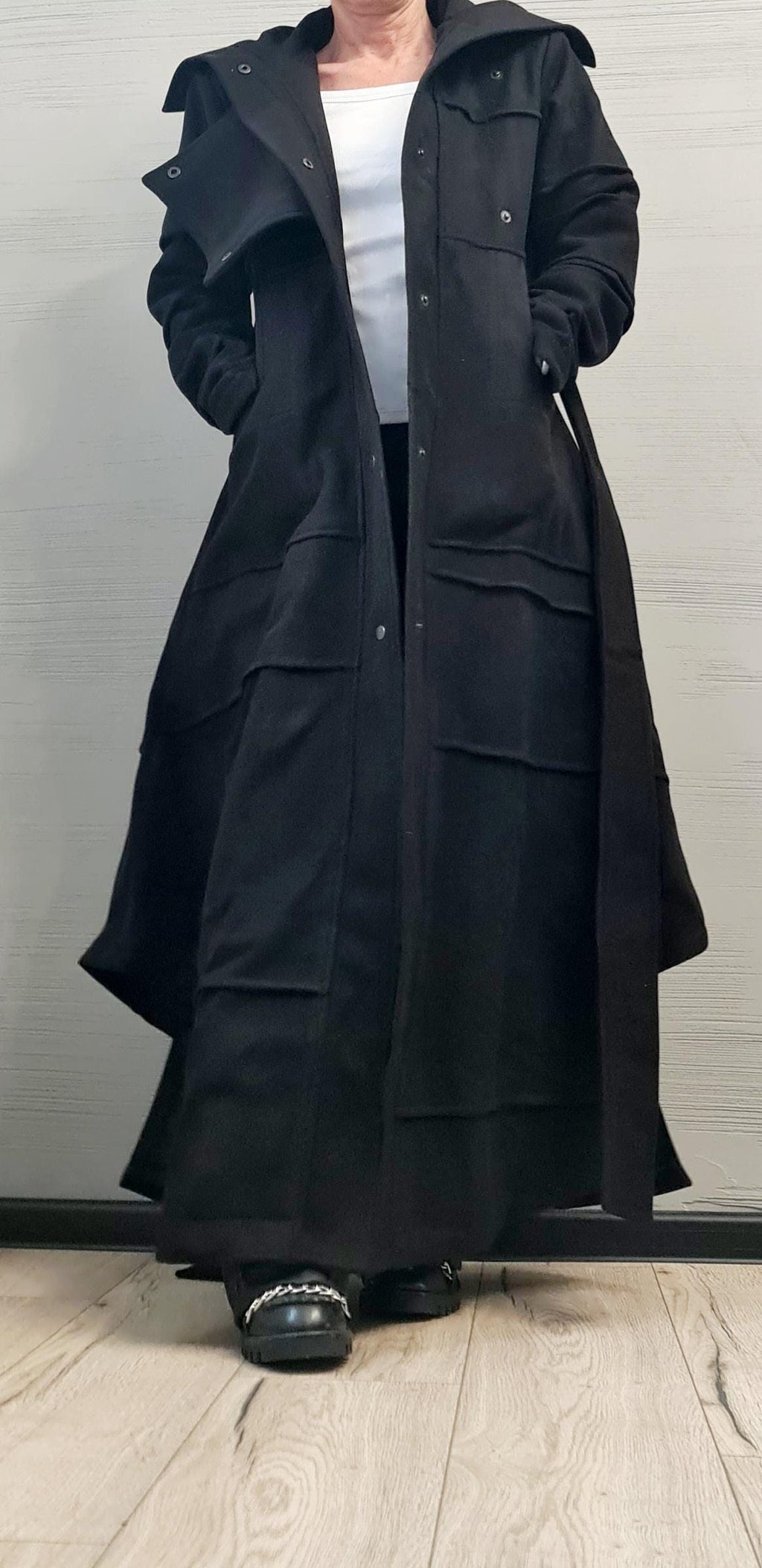 Red Asymmetric Floor Length Coat, Layered Hem and High Collar, Strap Details, Plus Size