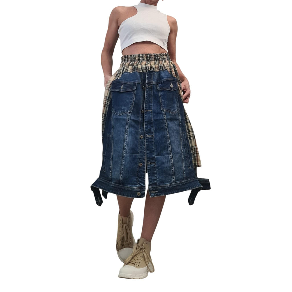 Avant Garde Denim and Plaid Midi Skirt with Cargo Style Pockets, Artistic Designer Streetwear, Handmade Custom Made Statement Fashion
