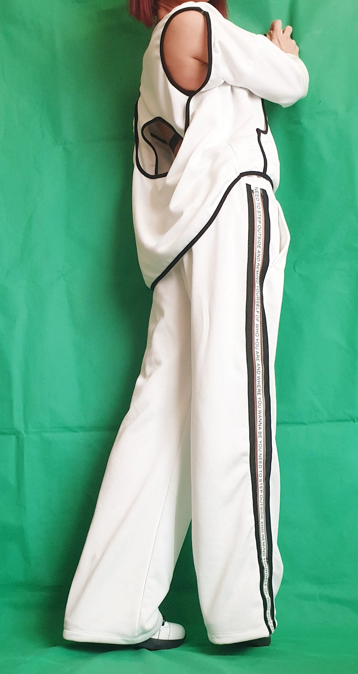 White Cotton French Terry Co-Ord Set, Open Back Blouse, Wide Leg Pants