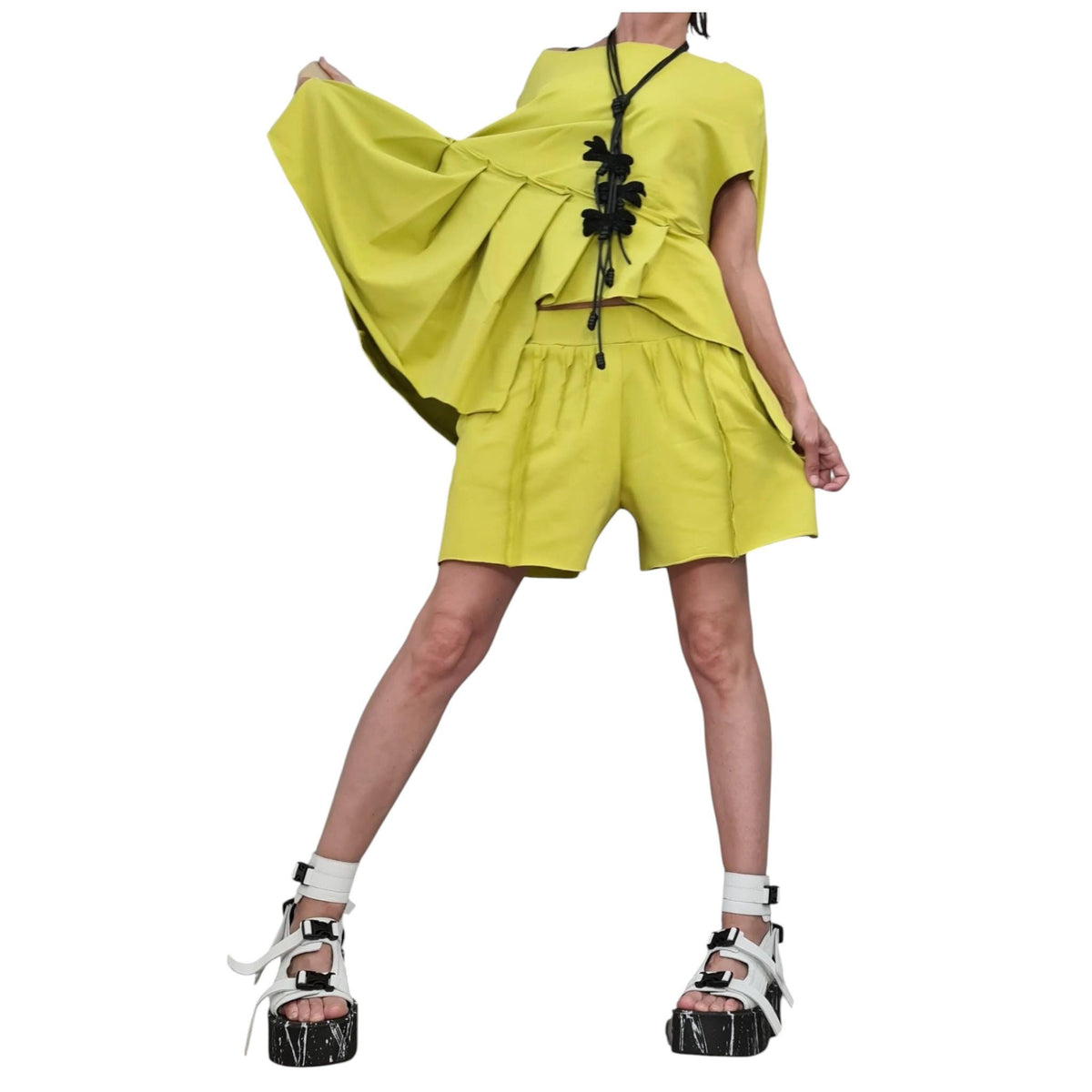 Pistachio Cotton Shorts, Asymmetrical Batwing Blouse, Draped Sleeve Two-Piece Summer Co-Ord Set