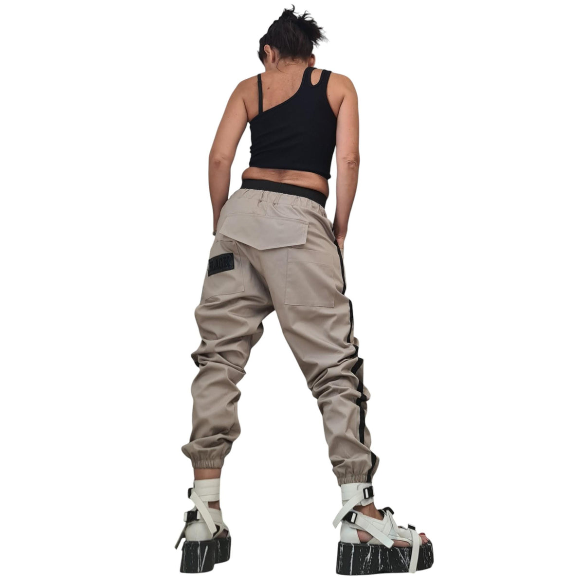 Beige Cargo Jogger Pants, Drop Crotch Trousers, Black Side Stripes, Elastic Waist, Multiple Pockets